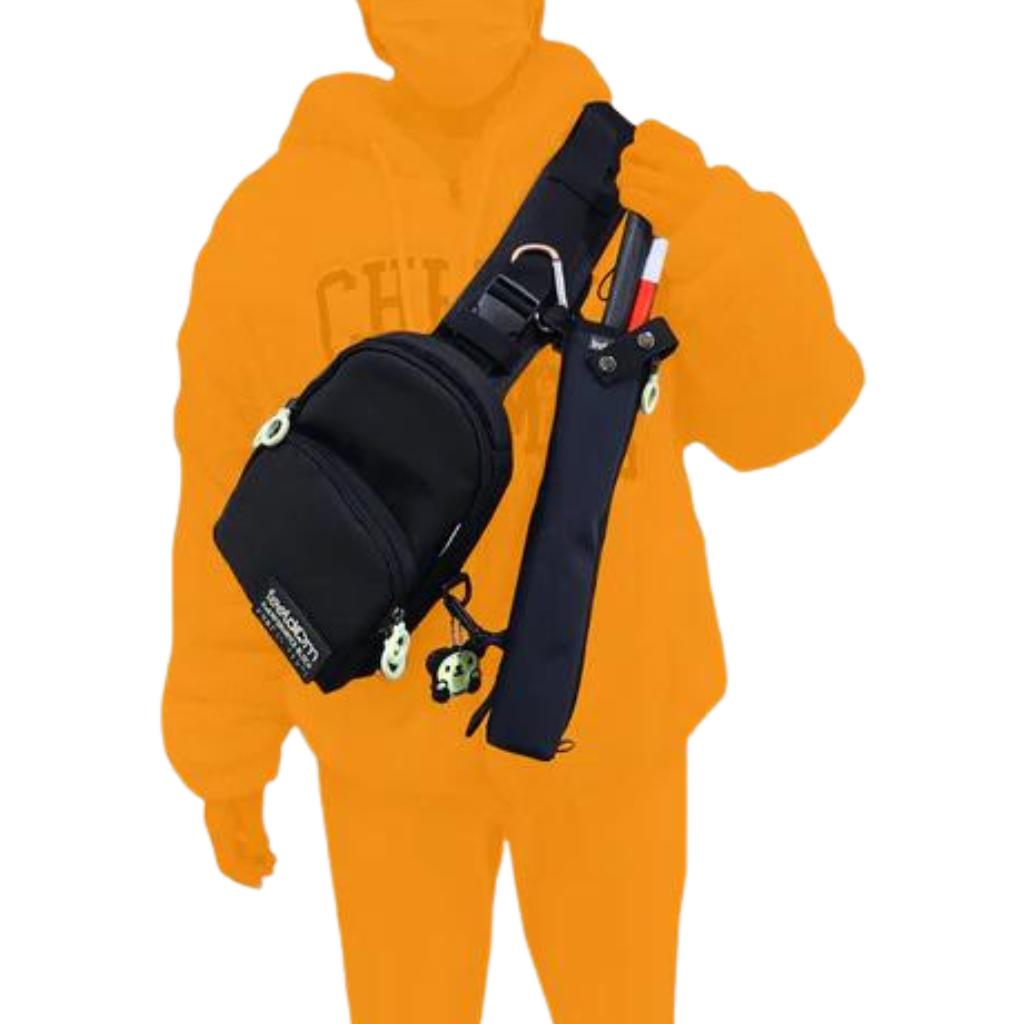 A navy blue cane pouch with a cane inside, attached to Feeldom JAYU Freeform bag using a carabiner and a stabilizer clip. (JAYU Freeform bag is available separately)